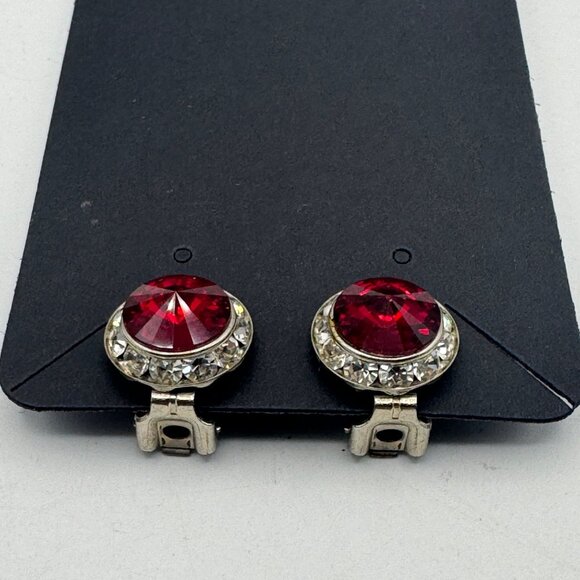 Vintage Silver-Tone Clip-On Earrings With Large Red Rhinestones & Clear Accents - Picture 3 of 4